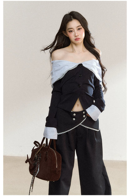 Off-Shoulder Striped Lapel Blouse &amp; Pants Set