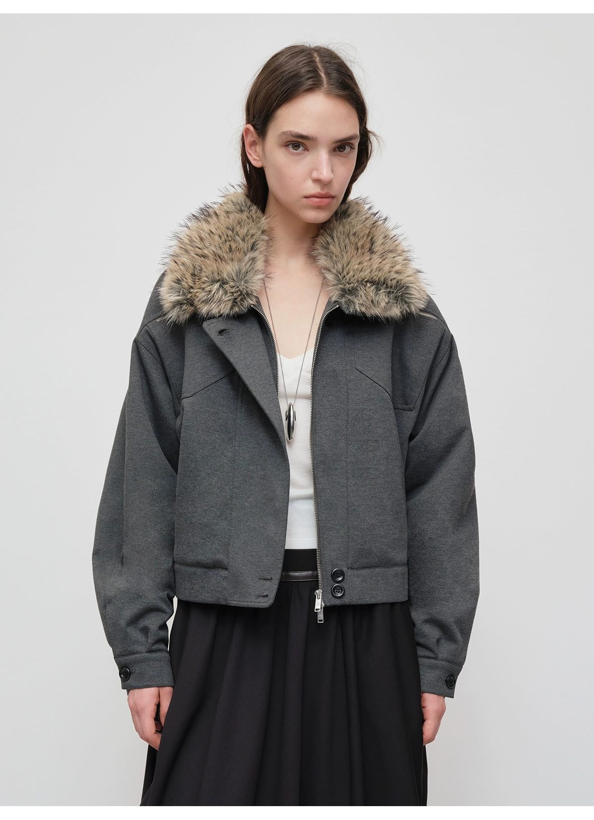 Detachable Fur Collar Knit Zip-Up Jacket