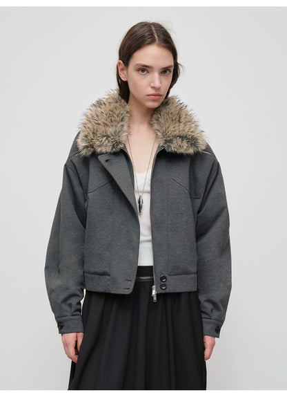 Detachable Fur Collar Knit Zip-Up Jacket