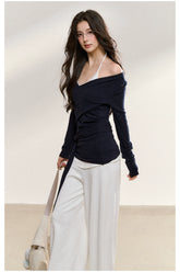 Navy Layered Off-Shoulder Blouse - CHINASQUAD