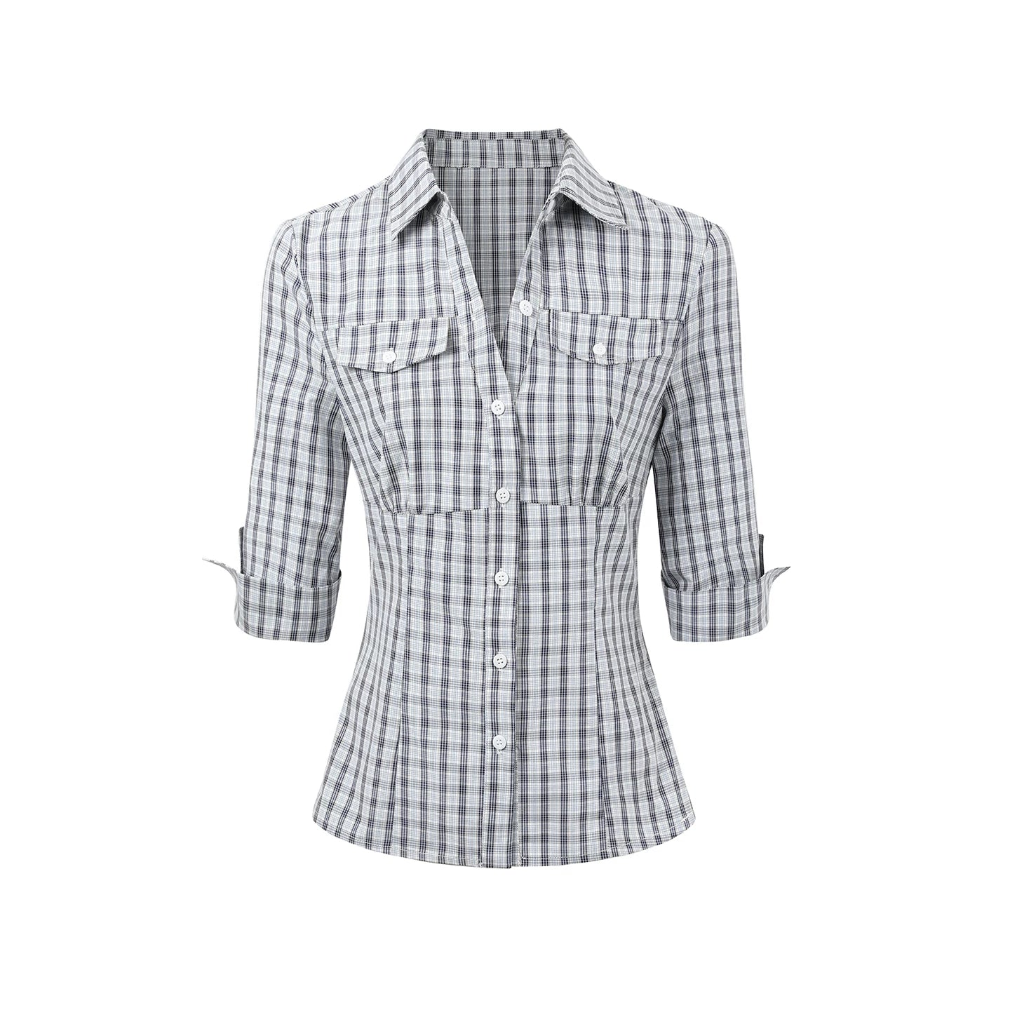 Waist-Cinched Mid-Sleeve Fitted Pocket Shirt