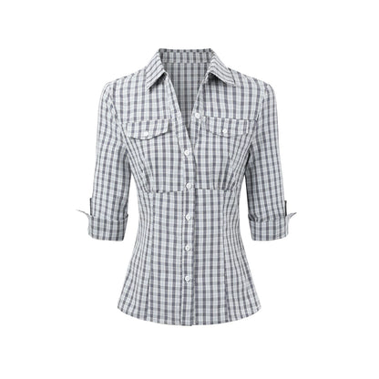 Waist-Cinched Mid-Sleeve Fitted Pocket Shirt