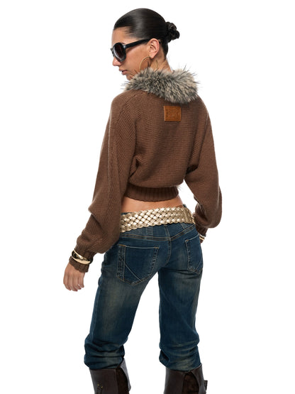 Faux-Fur Collar Cropped Knit Cardigan
