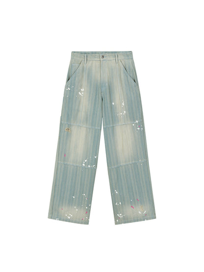 Splattered Wash Stripe Texture Workwear Denim Pants