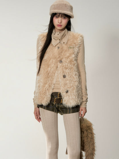 Curly Faux Shearling Brooch Vest