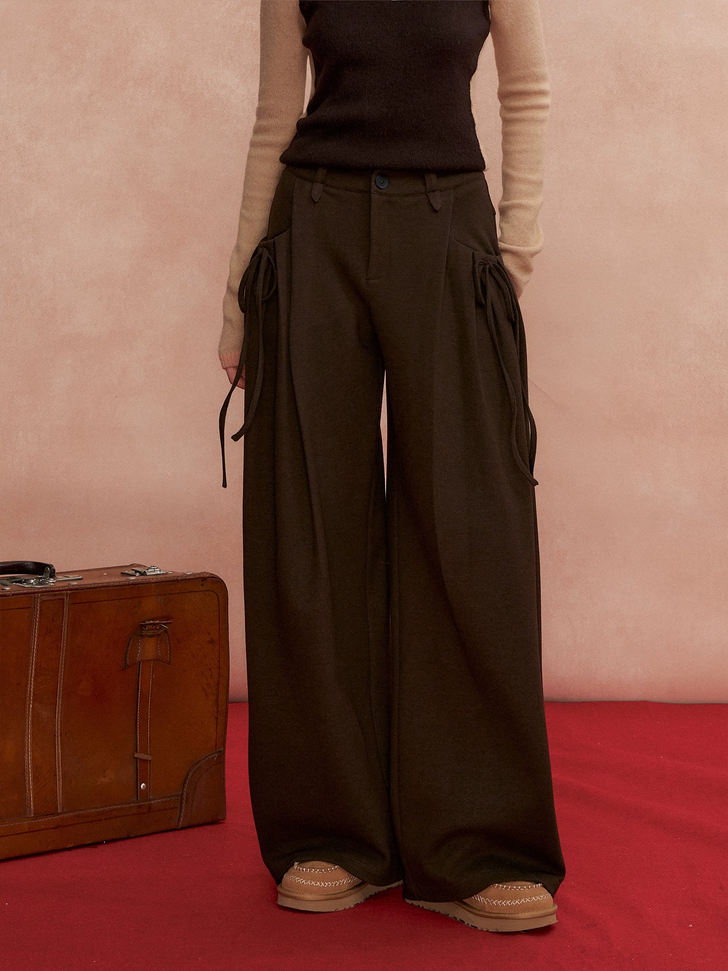 Pleated Bow Wool Blend Trousers