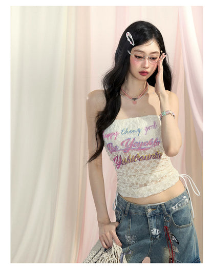 “Spring Love Letter” Lace Bandeau Crop Top