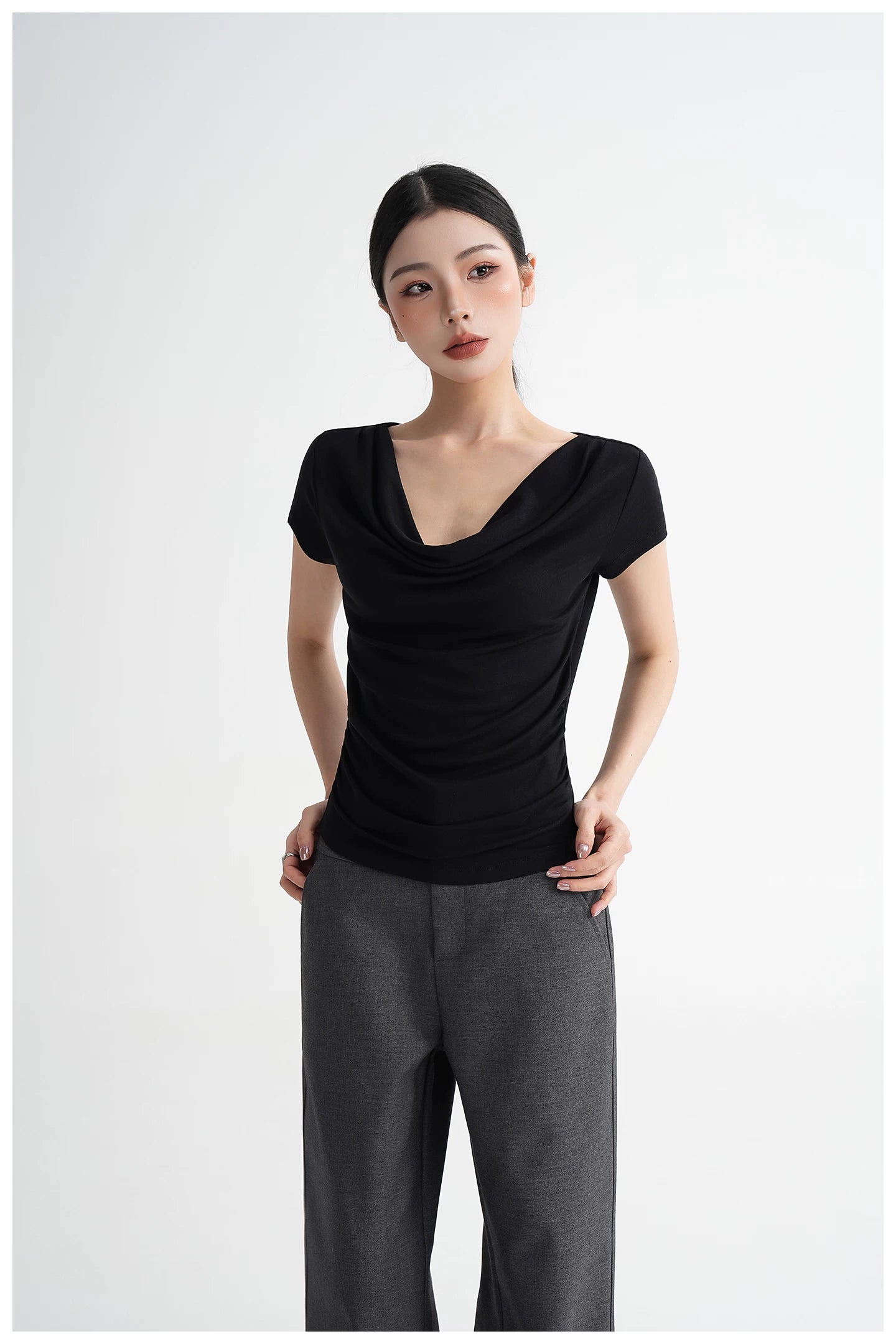 Draped Off-Shoulder Fitted Short Sleeve T-Shirt