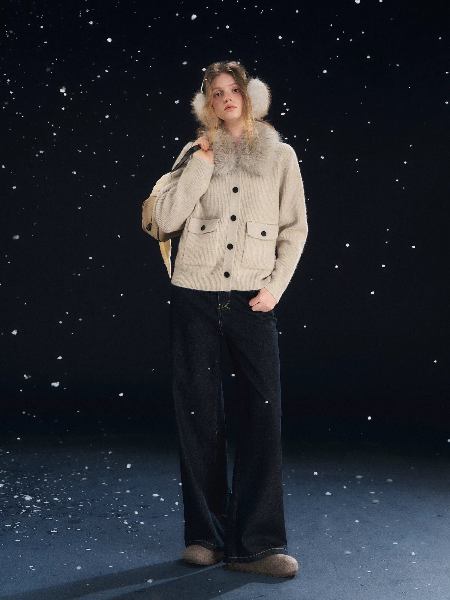 Detachable Fur Collar Ribbed Cardigan