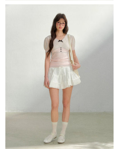 Vintage Preppy Plaid Knit Short Sleeve Tee