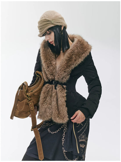 Vintage-Tech Distressed Fur-Panel Down Jacket