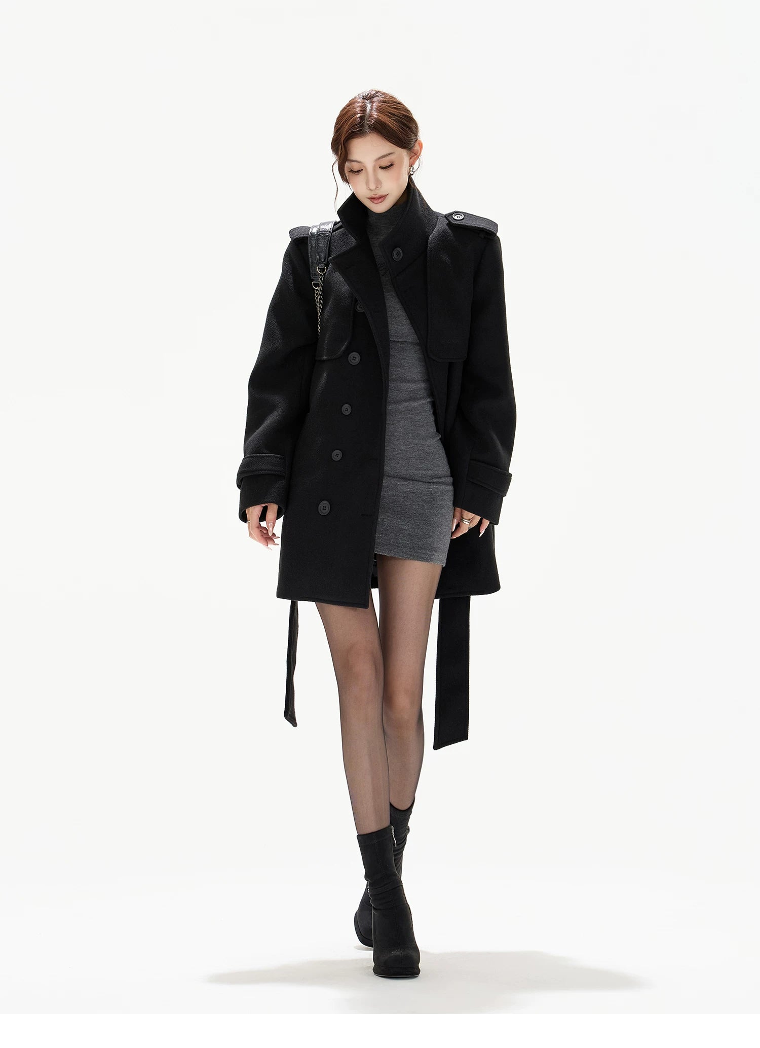 Belted Collar Mid-Length Wool-Feel Jacket