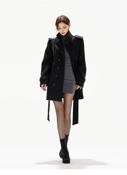 Belted Collar Mid-Length Wool-Feel Jacket