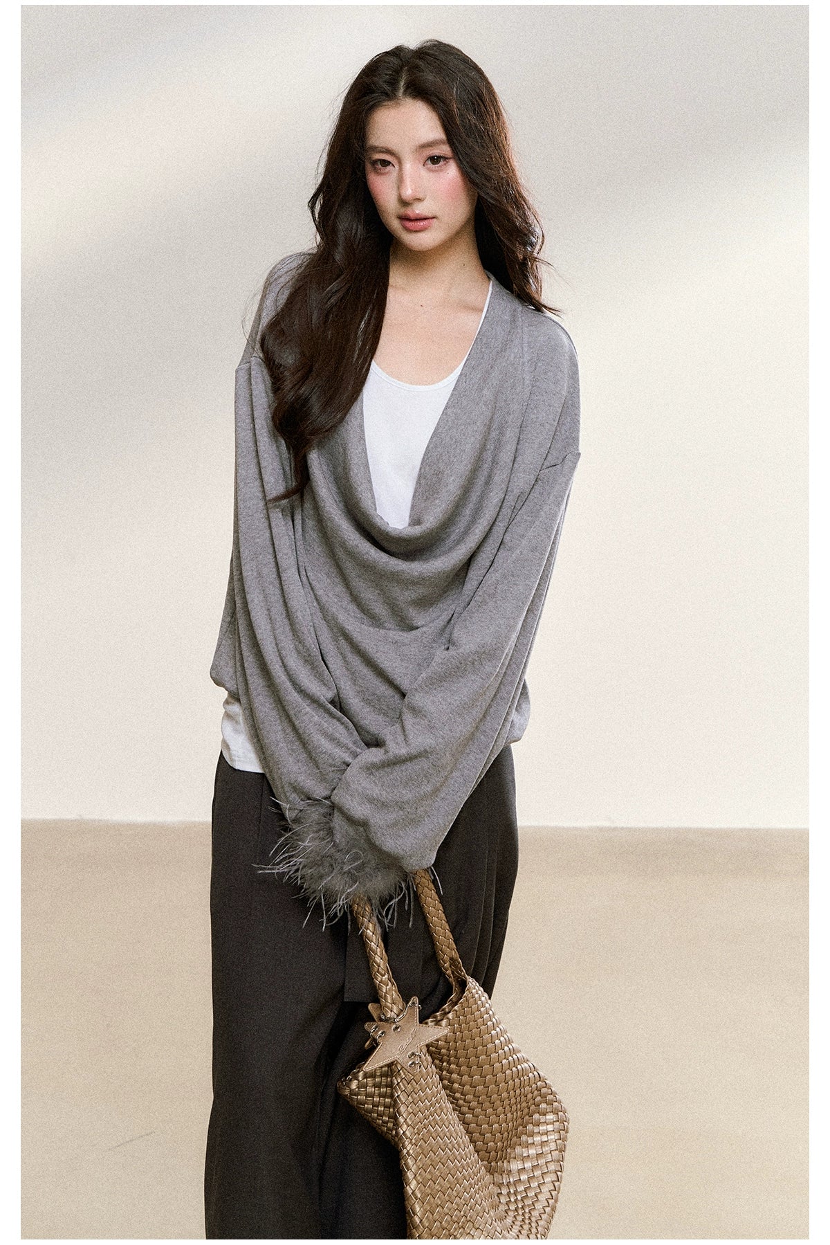 Gray Drape-Neck Fur Cuff Detail Knit Blouse