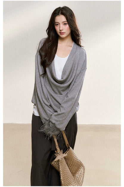 Gray Drape-Neck Fur Cuff Detail Knit Blouse