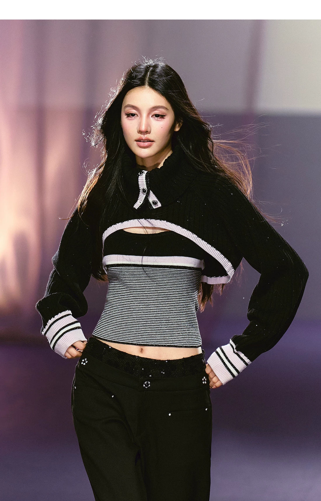 Contrast Turtleneck Layered Vest &amp; Striped Camisole Set