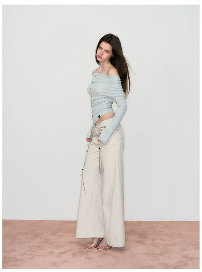 Wave-Embroidered Wide-Leg Straight Pants
