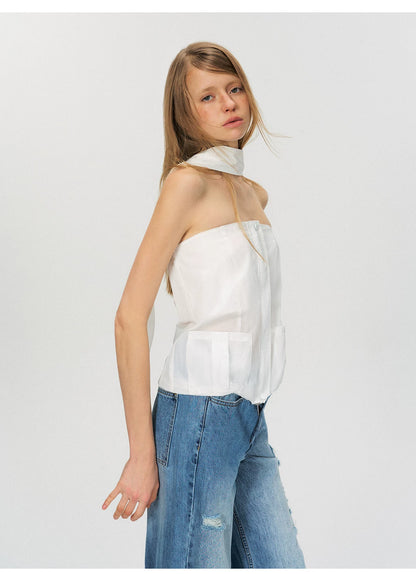 Sheer Utility-Inspired Strapless Peplum Top
