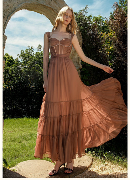 Tia Beaded Halter Chiffon Midi Dresses