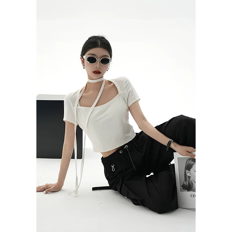 Tie-Detail Square-Neck Cropped T-Shirt