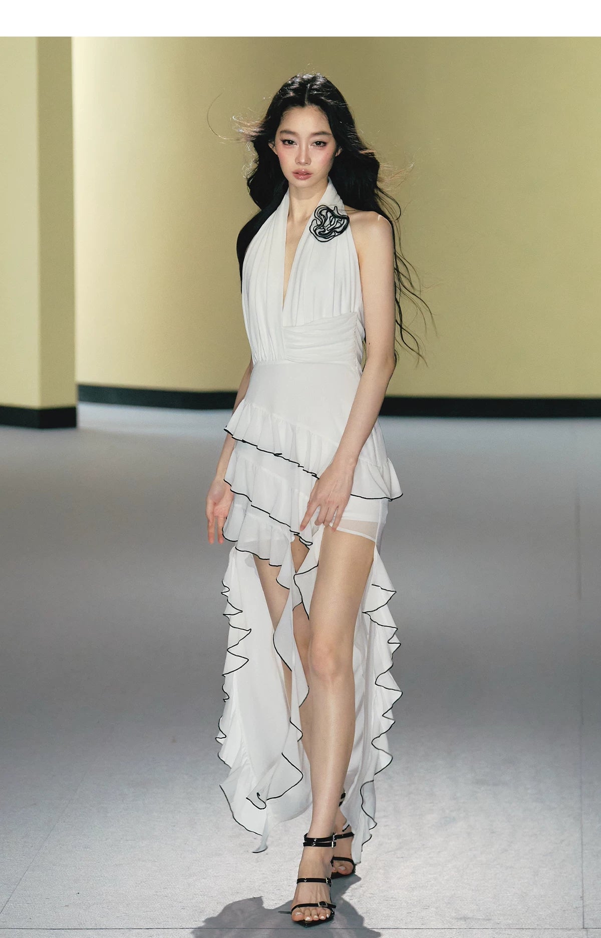 Rose Appliqué Asymmetrical Halterneck Dress