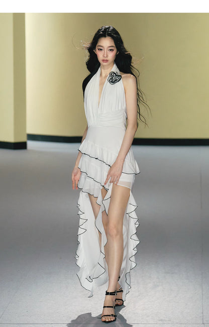 Rose Appliqué Asymmetrical Halterneck Dress