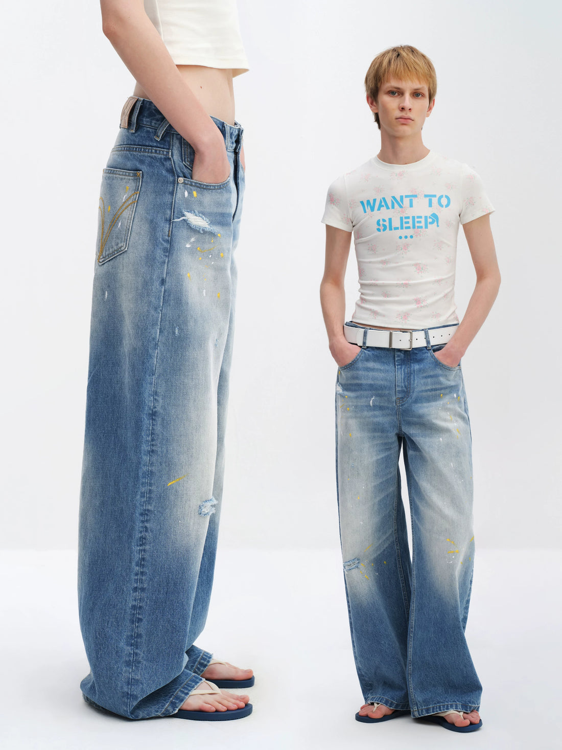 Washed Blue Curved-Leg Wide Denim Jeans