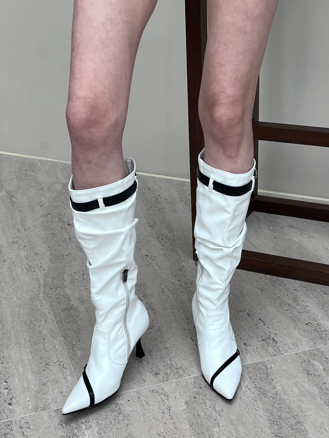 Contrast Pointed-Toe Stiletto Knee-High Boots