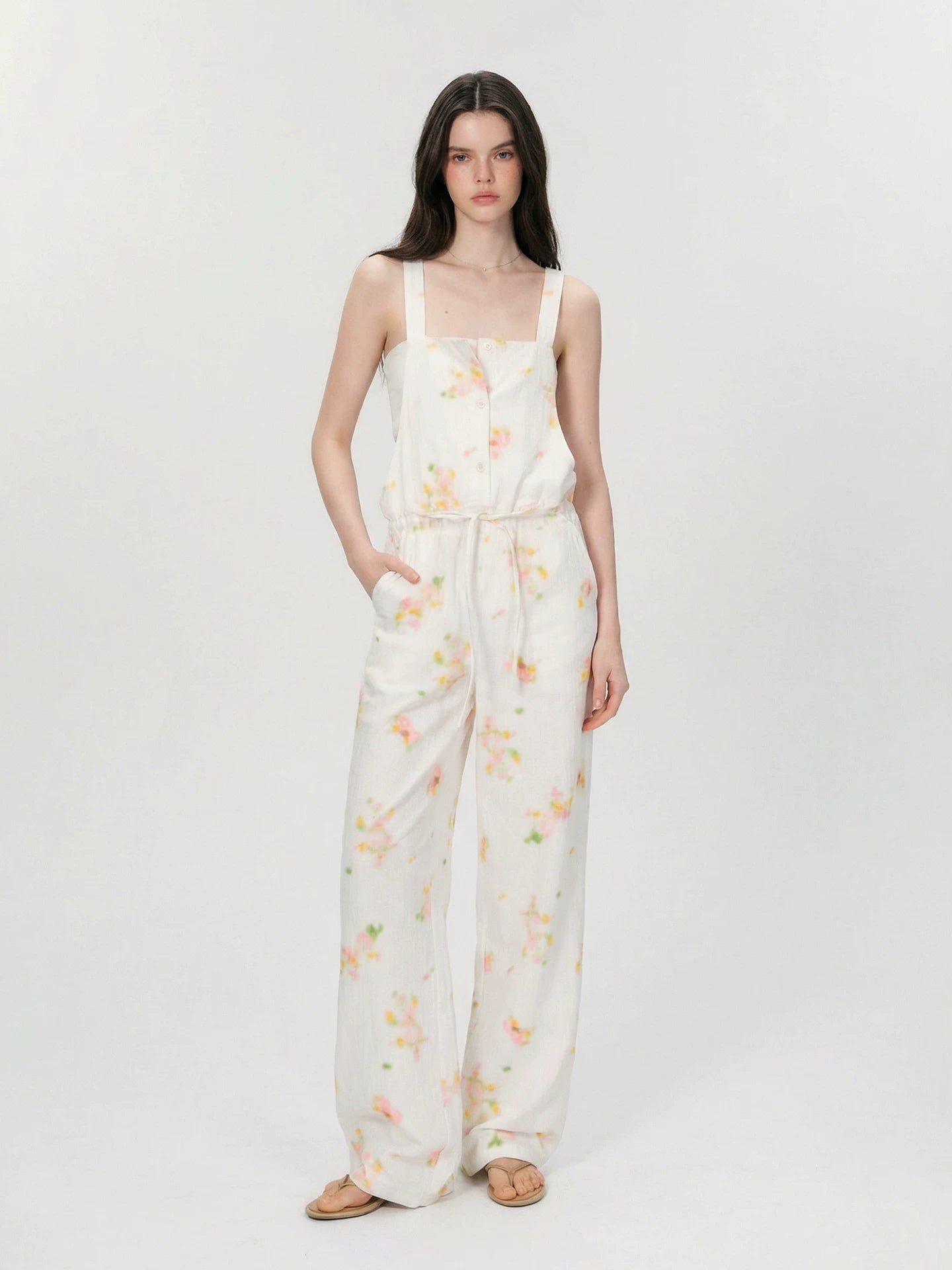Vintage Soft-Blur Floral Backless Strap Jumpsuit
