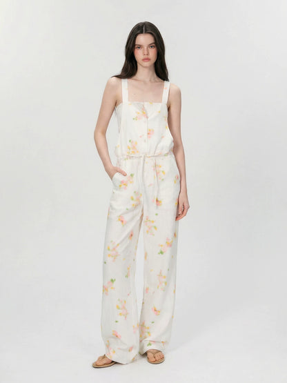 Vintage Soft-Blur Floral Backless Strap Jumpsuit