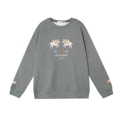 Floral Pony Print Fleece-Lined Pullover Sweatshirt