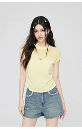 Yellow & Black Hollow Ruffled Knitted T-shirt - CHINASQUAD