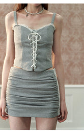 Gray Lace Drawstring Vest & Skirt Set - CHINASQUAD