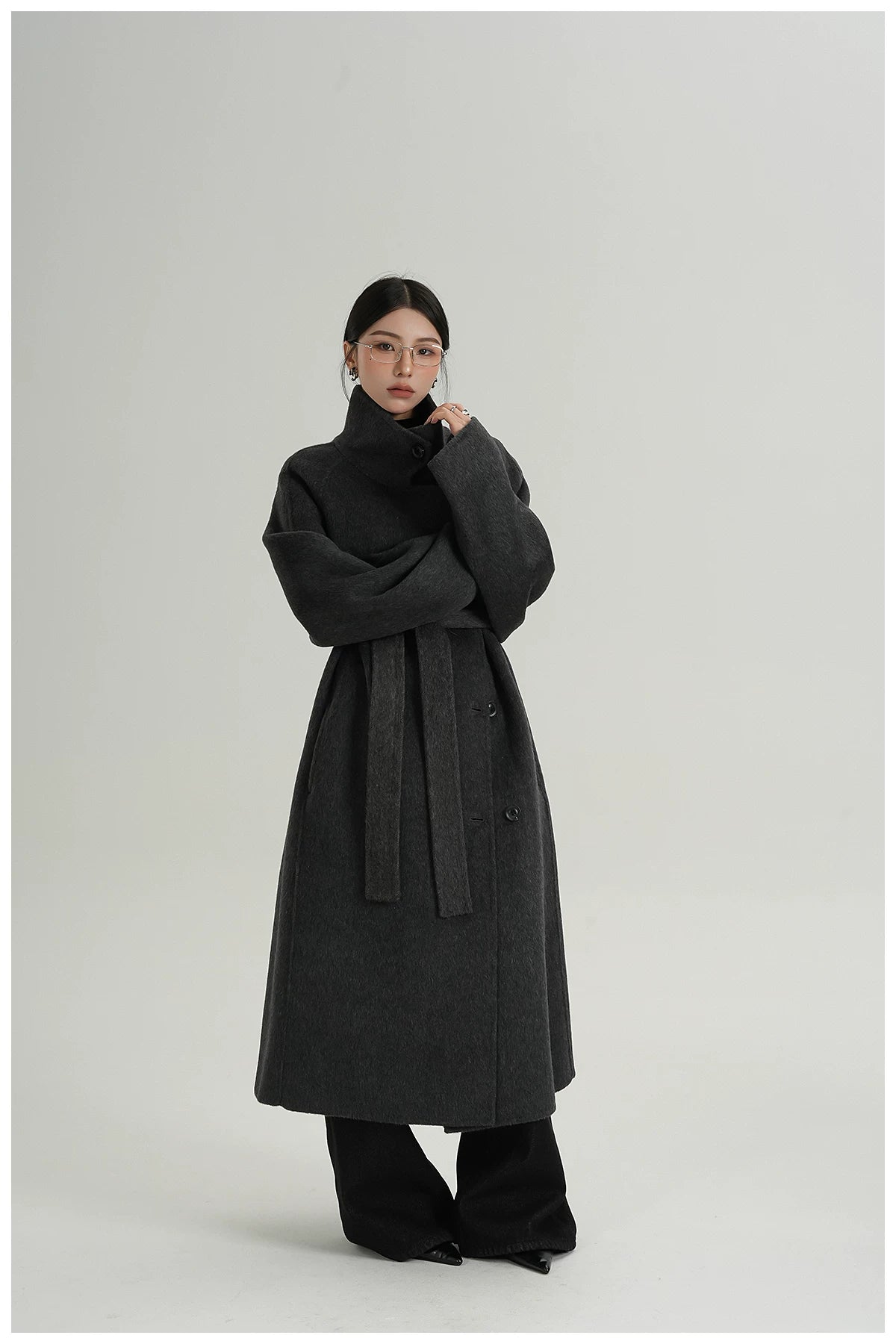 Stand-Collar Long Wool Double-Faced Coat