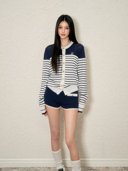 Lyocell Striped Contrast Cardigan &amp; Shorts Set