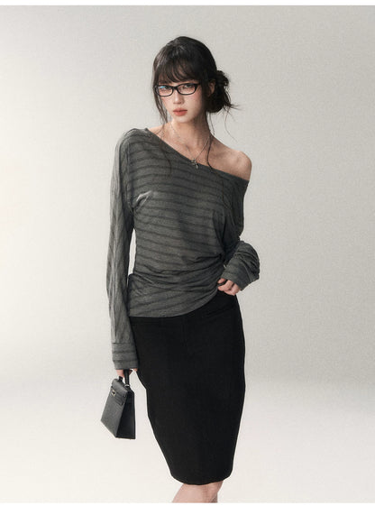 Asymmetric Off-Shoulder Striped Tencel Slim-Fit Long Sleeve Top