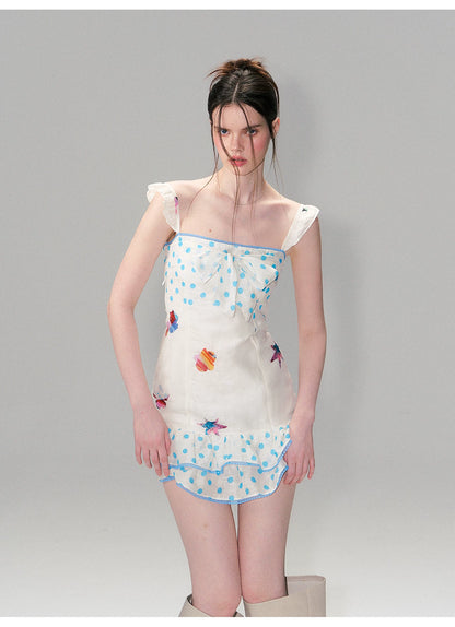 Vintage Contrast Print Flutter Strap Mini Dress