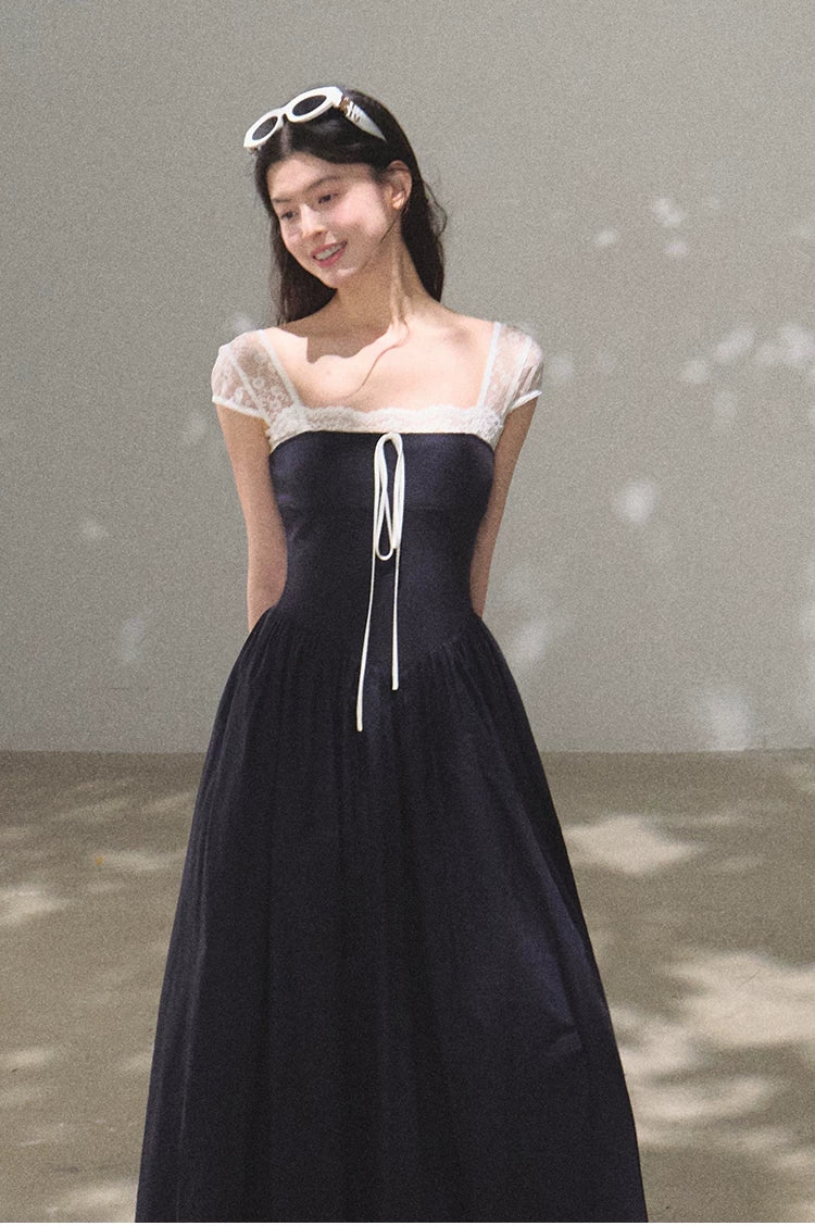 Lace-Spliced Cinched-Waist Vacation Camisole Dress