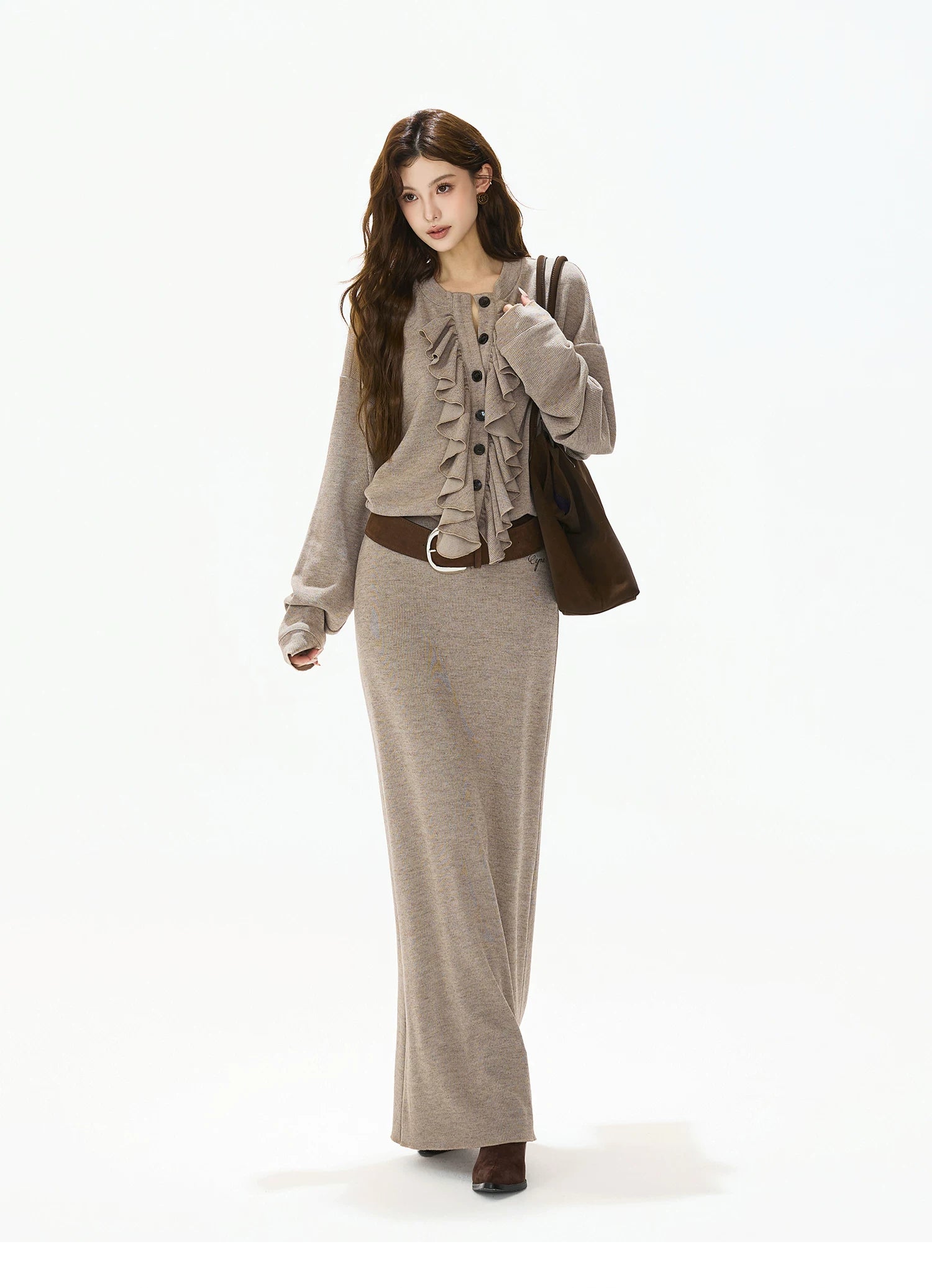 Ruffle-Trim Batwing-Sleeve Knit Crewneck