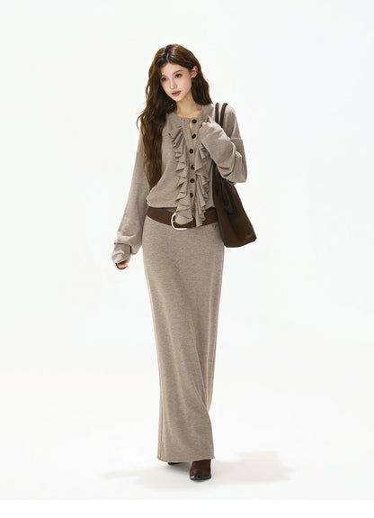 Ruffle-Trim Batwing-Sleeve Knit Crewneck