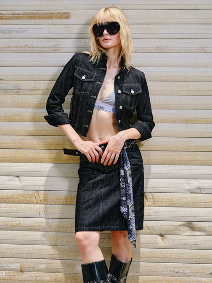 Cropped Stripe Stitch Denim Jacket &amp; Skirt Set