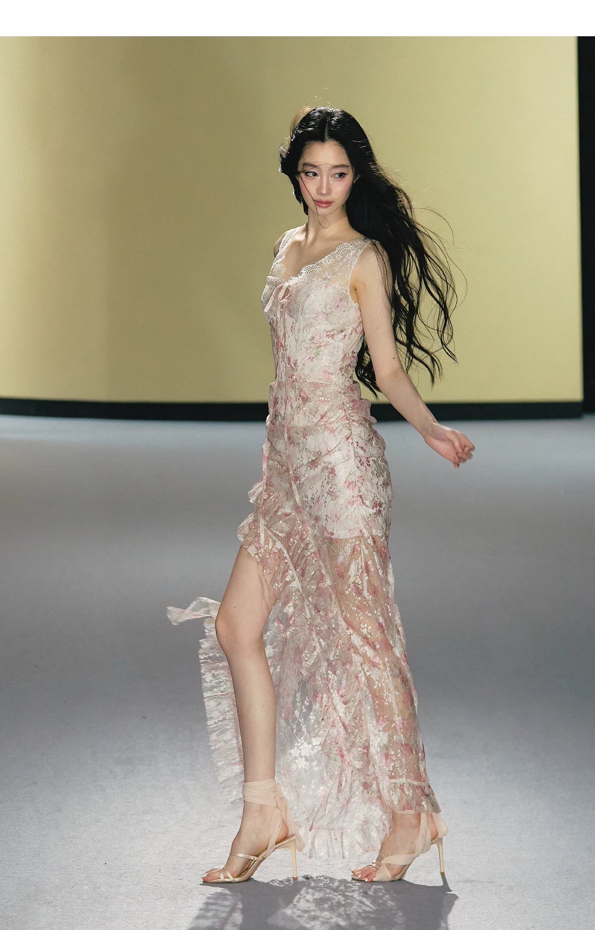 Misty Blush Lace-Panel Slip Maxi Dress