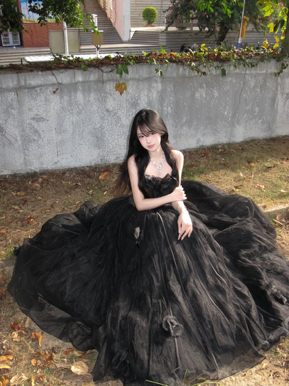 Nightfall Black Tulle Ball Gown with Floral Accents
