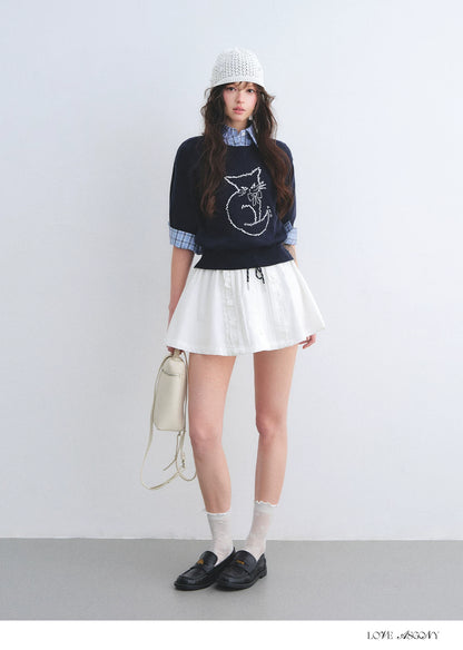 Jacquard Cat Motif Short Sleeve Knit Top