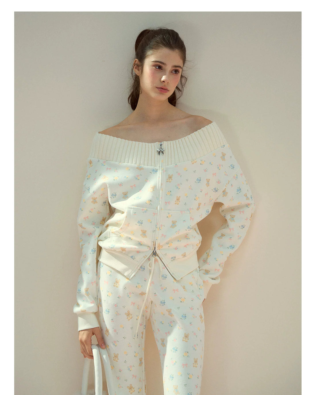 Floral Bunny Off-Shoulder Zip-up Sweatshirt