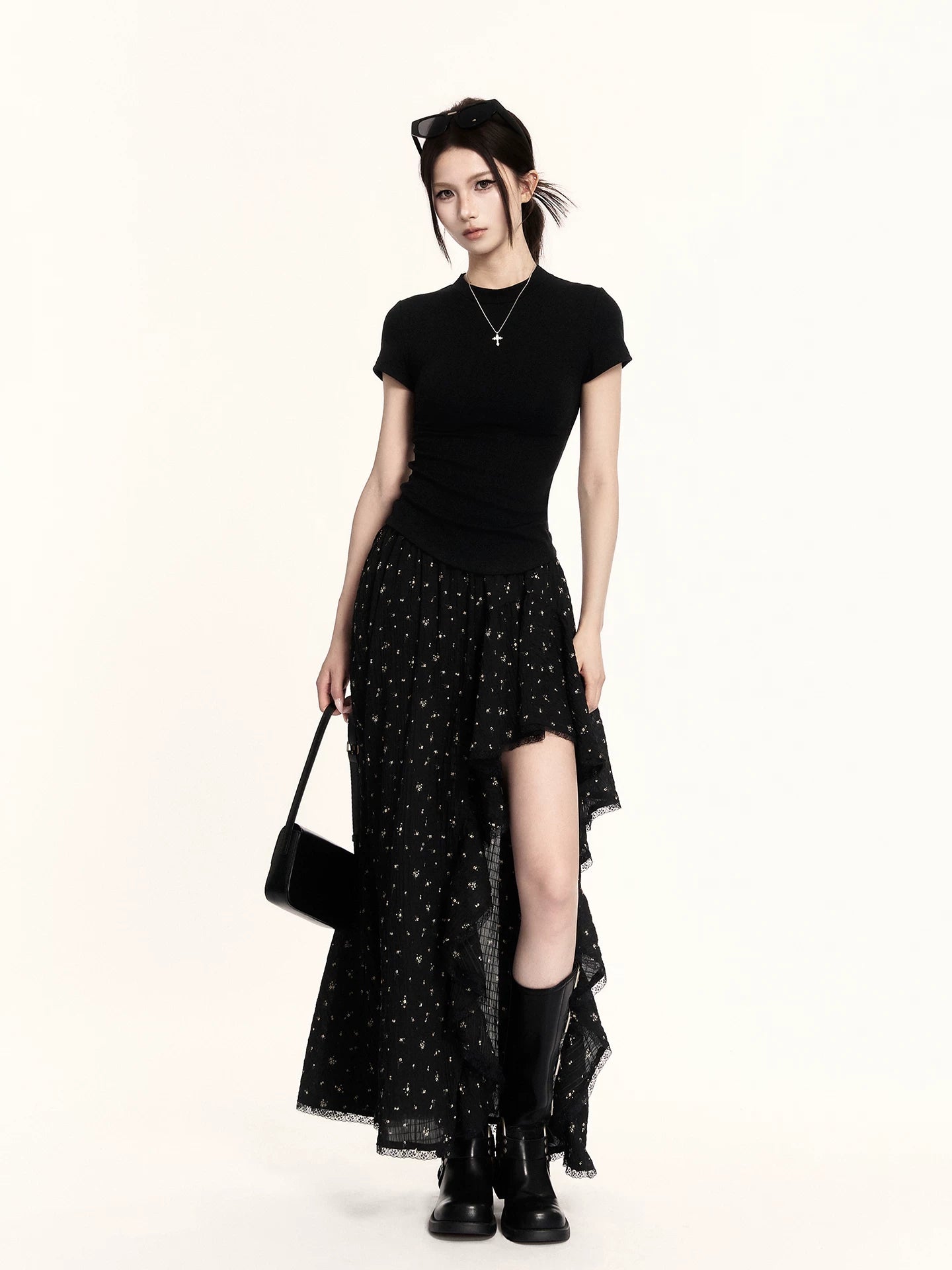 Asymmetric Ruffled Floral Midi Skirt