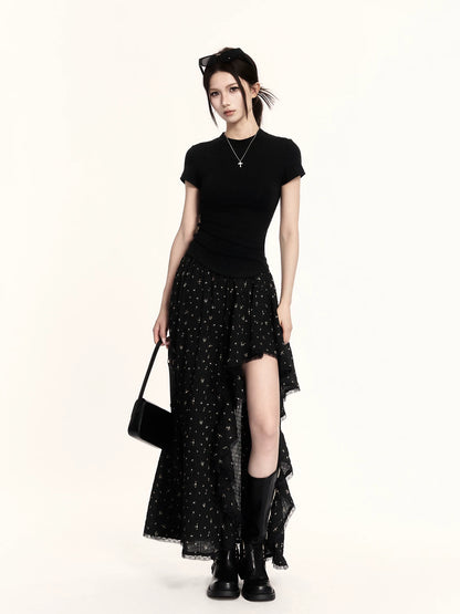 Asymmetric Ruffled Floral Midi Skirt