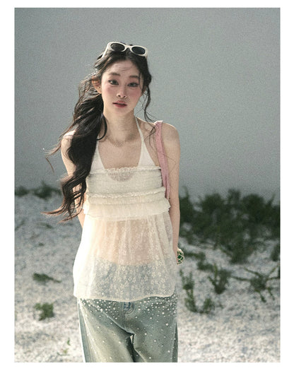 “Shattered Glass Veil” French Sheer Halter Lace Top