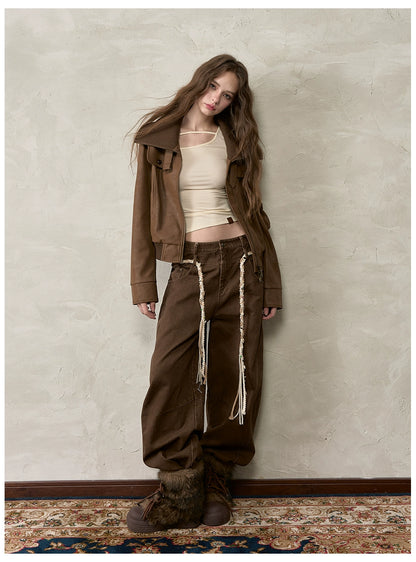 Vintage Contrast Lapel PU Leather Jacket