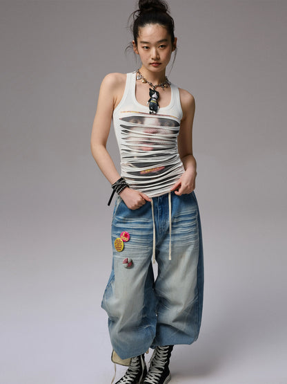 Irregular Hole-Ripped Double-Layer Halter Neck Tank Top - CHINASQUAD